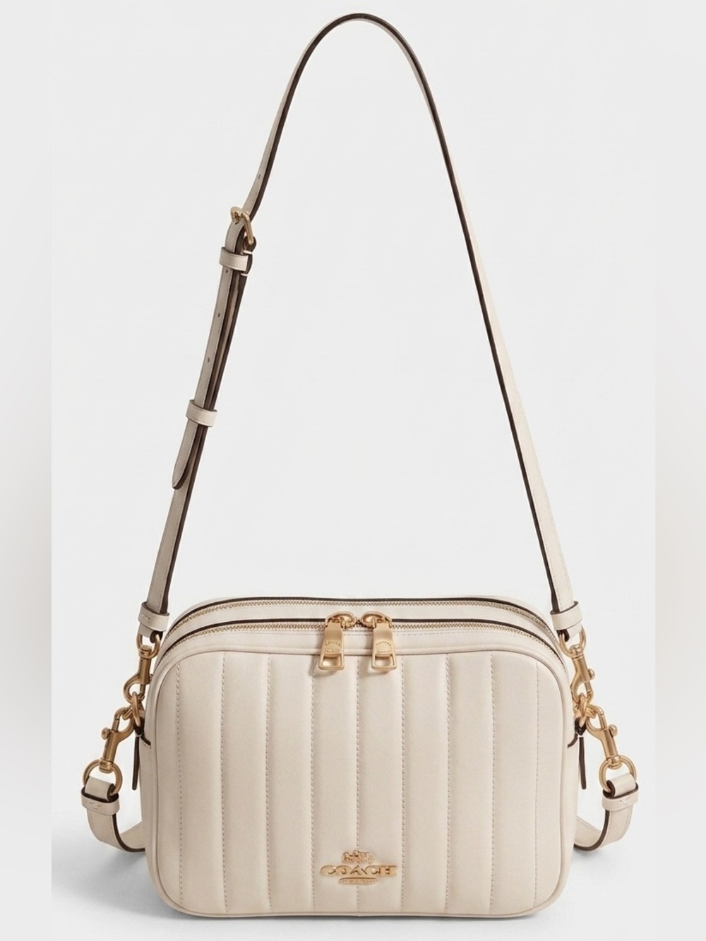 Coach Jes Quilted Leather C1569 Double Zip Crossbody Shoulder Camera Bag TanGold